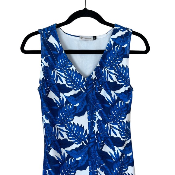 Tina + Jenna Leaf Print Dress XXS Ruffle Hem Sleeveless Blue White Vneck Mini - Picture 3 of 9